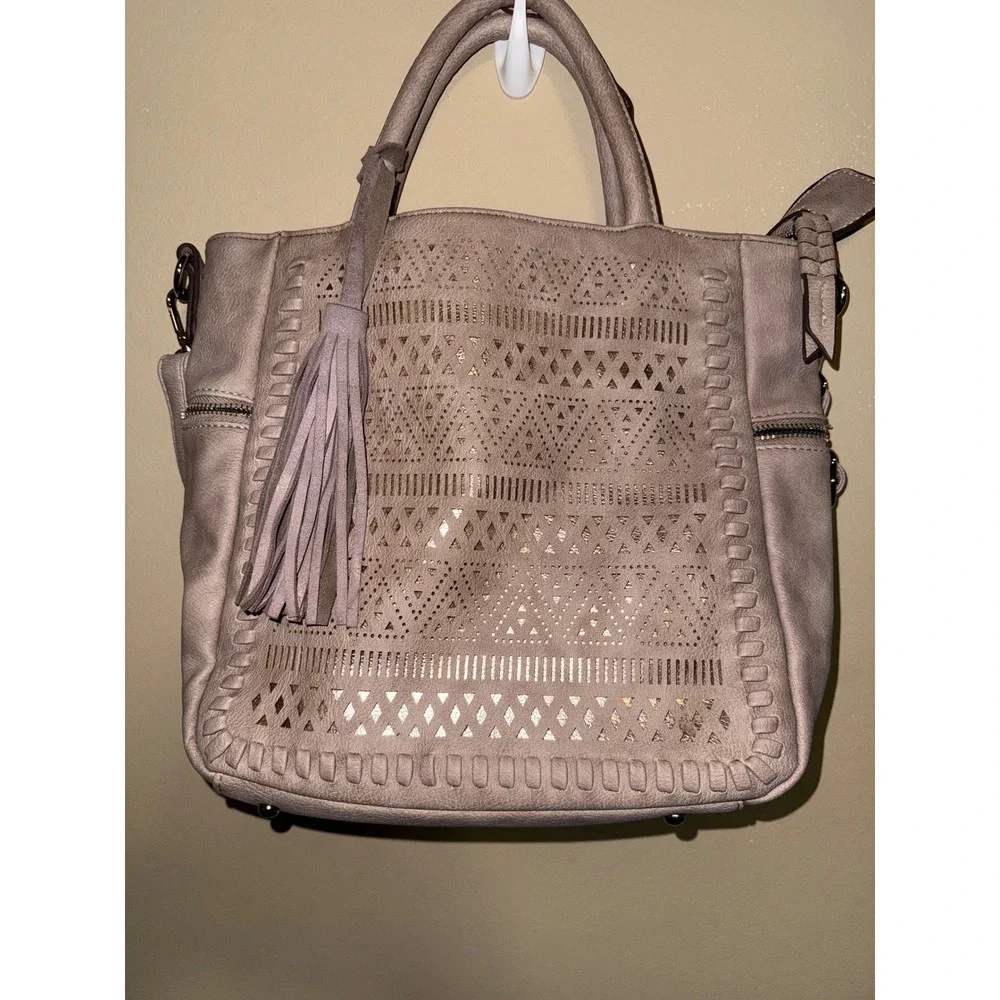 Taupe Laser Cut Convertible Tote Crossbody Bag Boho Tassel Whipstitch western